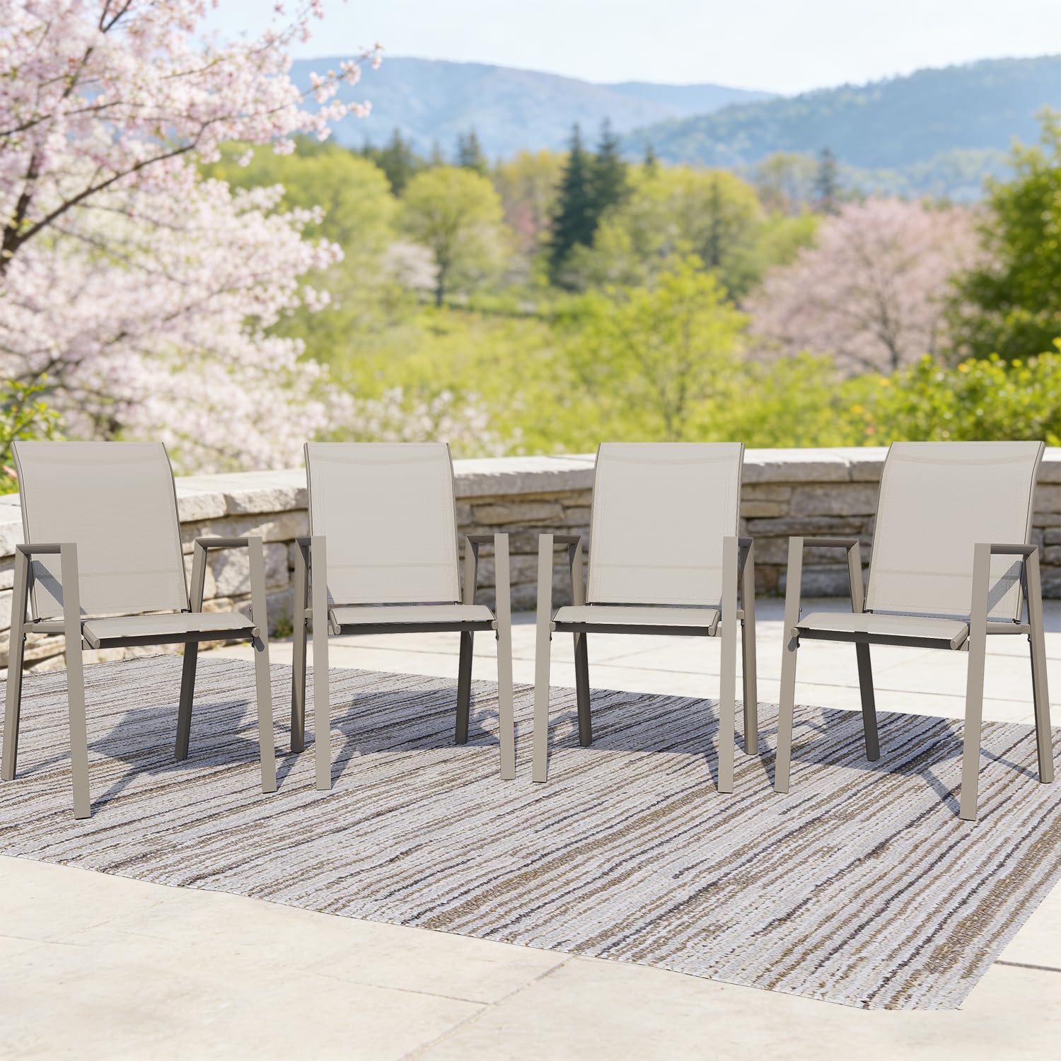 Outdoor Dining Chairs Set of 4, High-Back Stackable Patio Chairs with Metal Frame, Lightweight Sling Design, Ideal for Garden, Deck, Poolside, Grey
