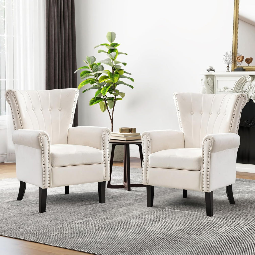Velvet Accent Chair Upholstered Tufted Armchair,Modern Wingback Chair Single Sofa Club Chair with Solid Wood Legs,Nail Trimed,Comfy Reading Chair for Living Room,Bedroom,Office (White)