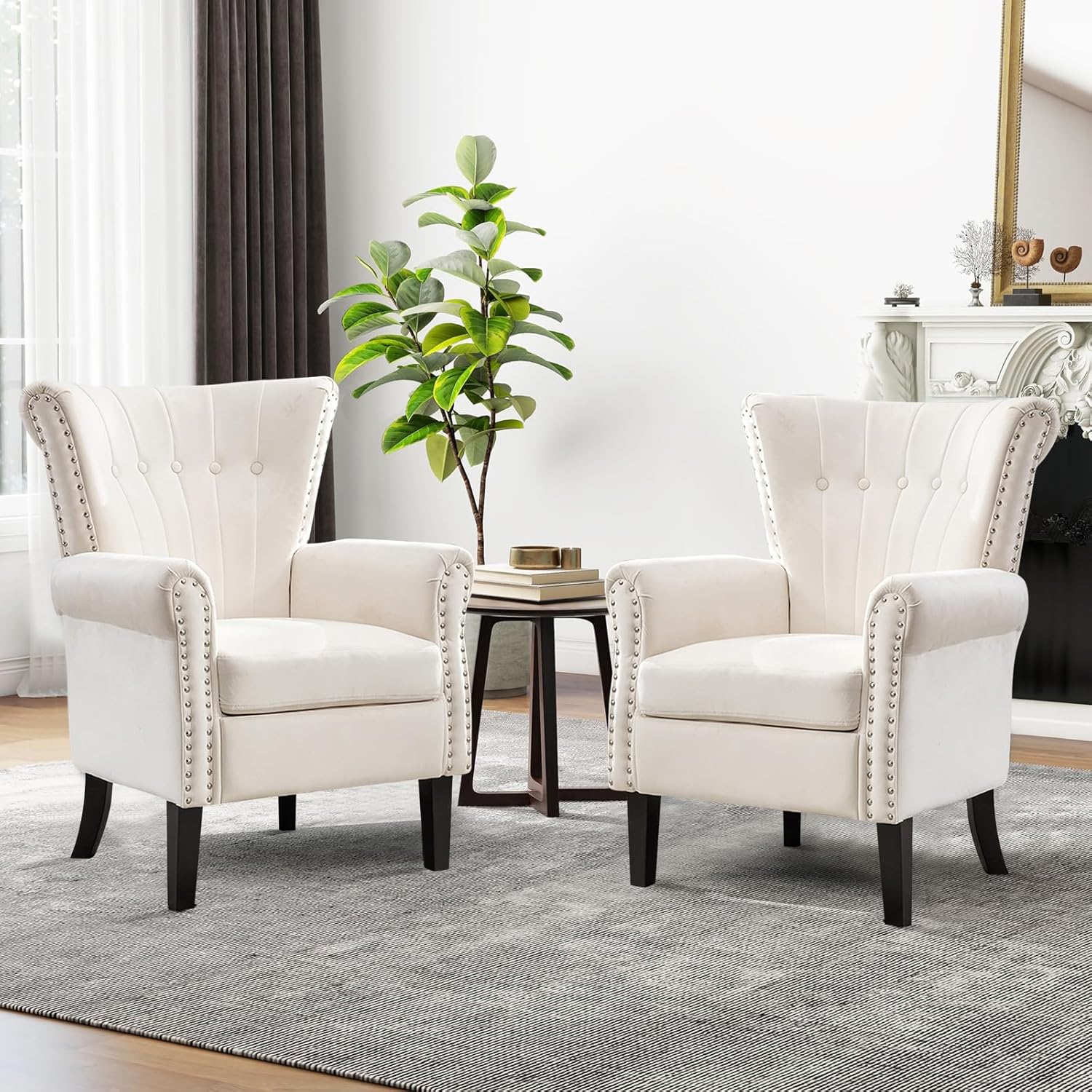Velvet Accent Chair Upholstered Tufted Armchair,Modern Wingback Chair Single Sofa Club Chair with Solid Wood Legs,Nail Trimed,Comfy Reading Chair for Living Room,Bedroom,Office (White)