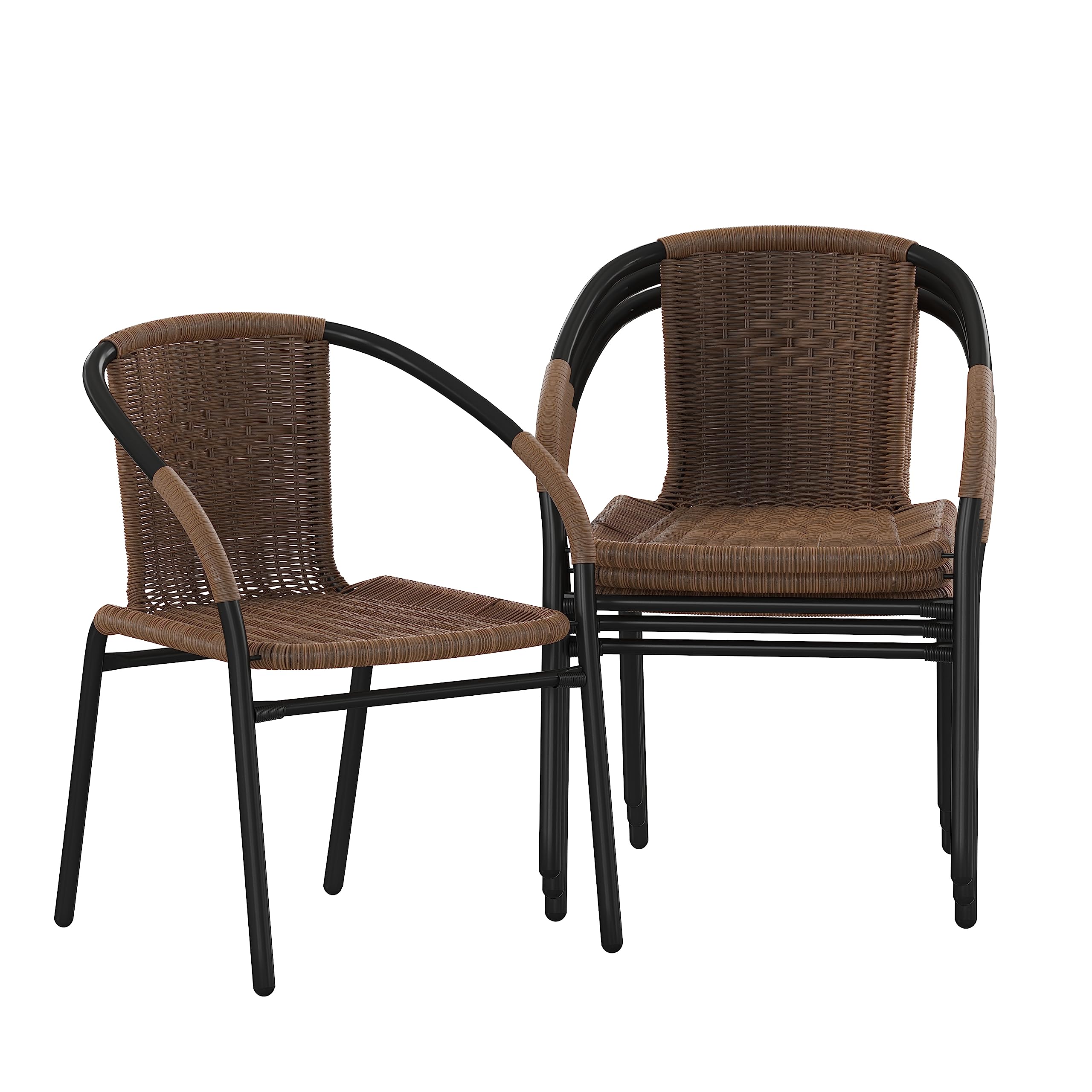 Flash Furniture Lila Modern Rattan Indoor/Outdoor Stackable Dining Chairs, Stacking Rattan Bistro Chairs for Patio or Restaurant, Set of 2, Brown