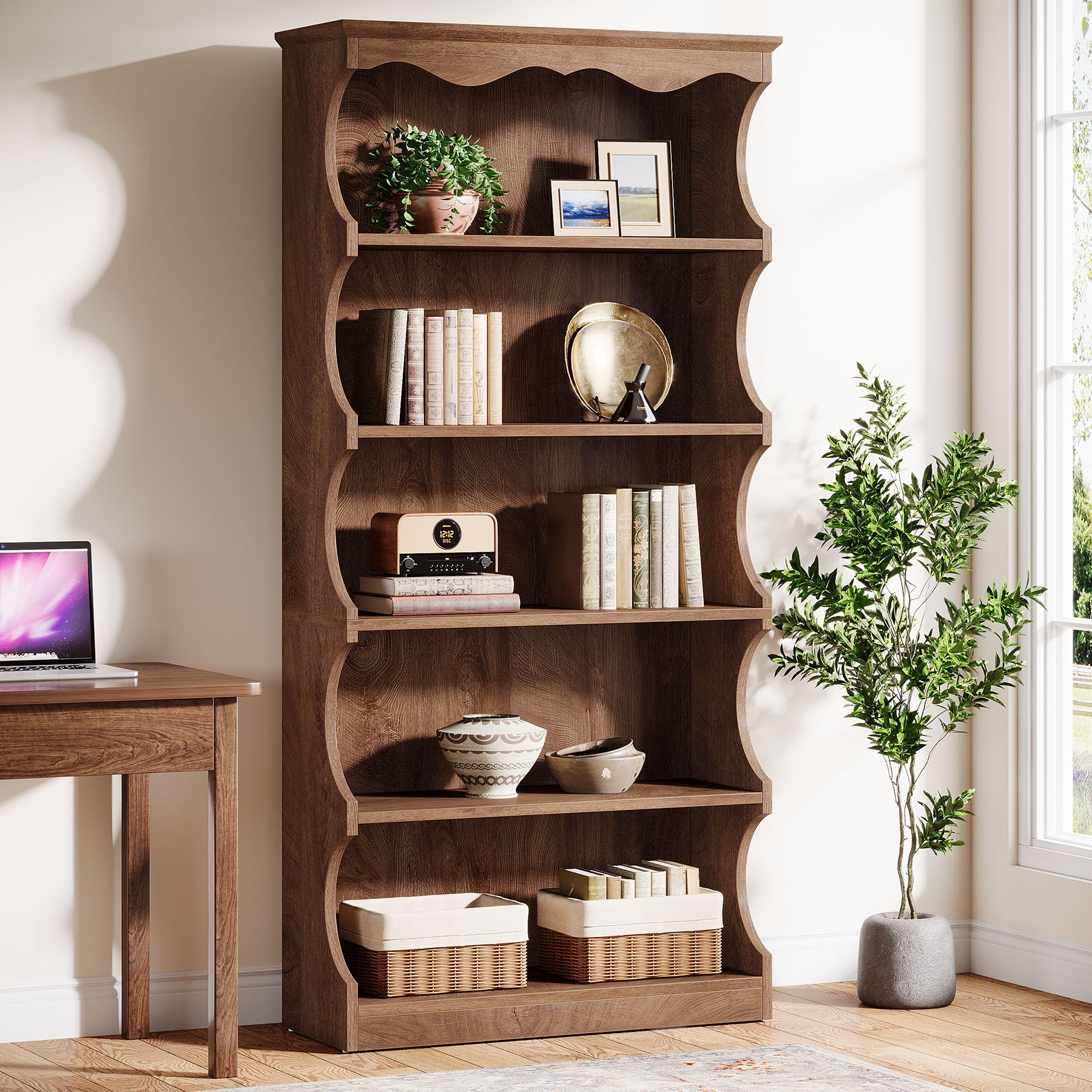 Tribesigns 70-Inch Tall Bookcase, 5-Tier Open Bookshelf with Unique Curved-Edge Design, Wooden Vintage Free-Standing Display Shelves with Storage for Living Room, Home Office, Bedroom