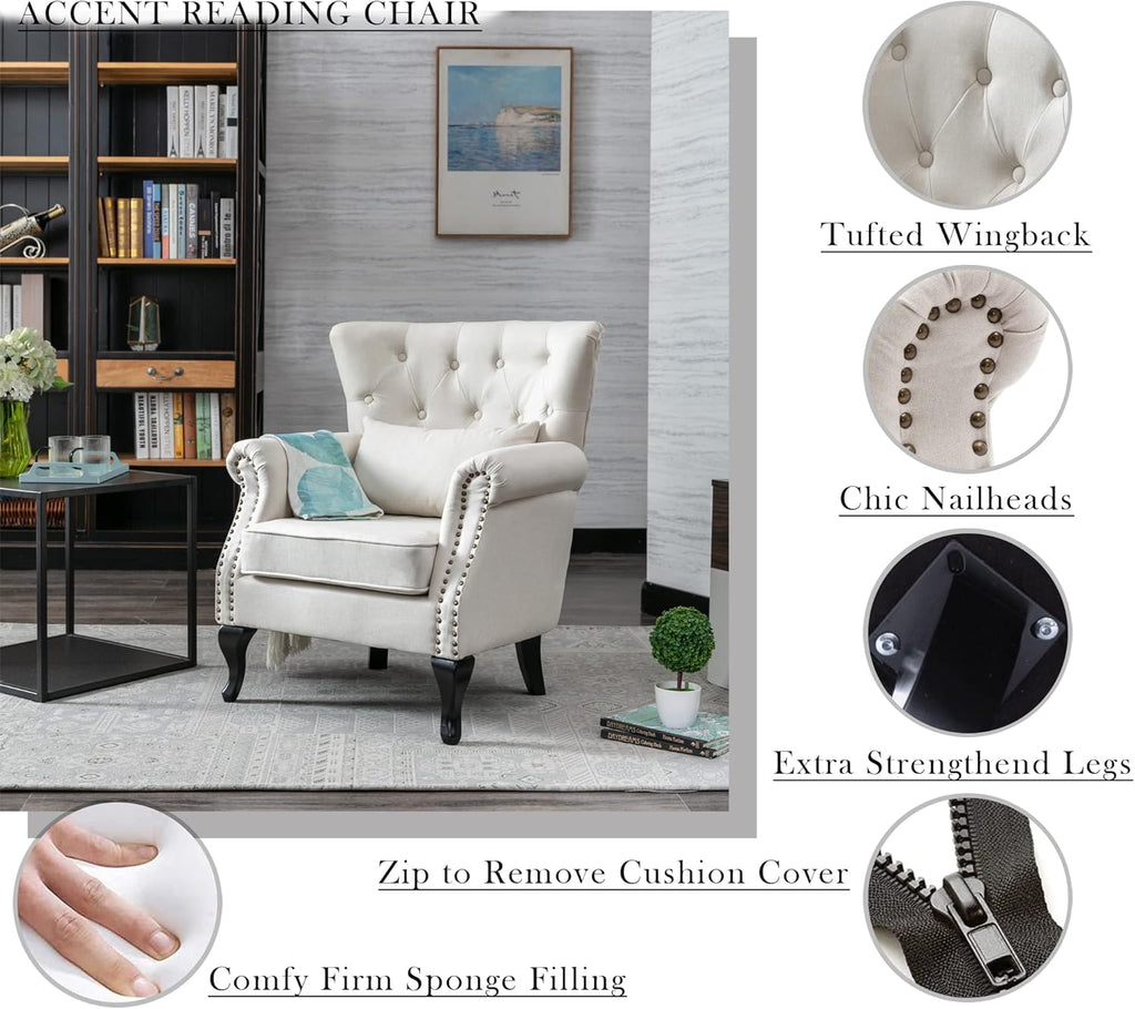 Mid Century Modern Accent Chair Upholstered Armchair Comfy Linen Fabric Single Sofa with Tufted Wingback for Small Spaces Bedroom Living Room, Beige