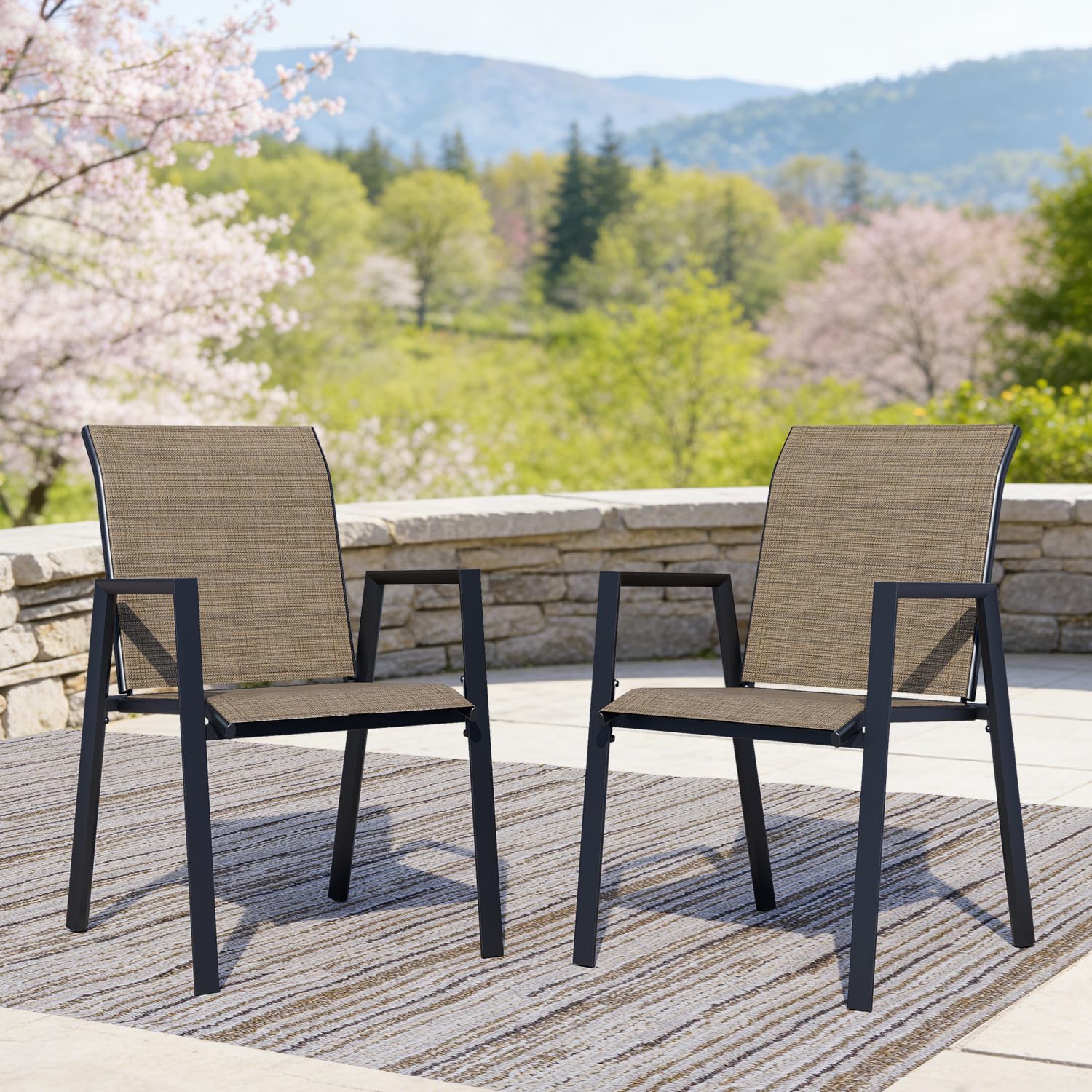 Outdoor Dining Chairs Set of 4, High-Back Stackable Patio Chairs with Metal Frame, Lightweight Sling Design, Ideal for Garden, Deck, Poolside, Grey
