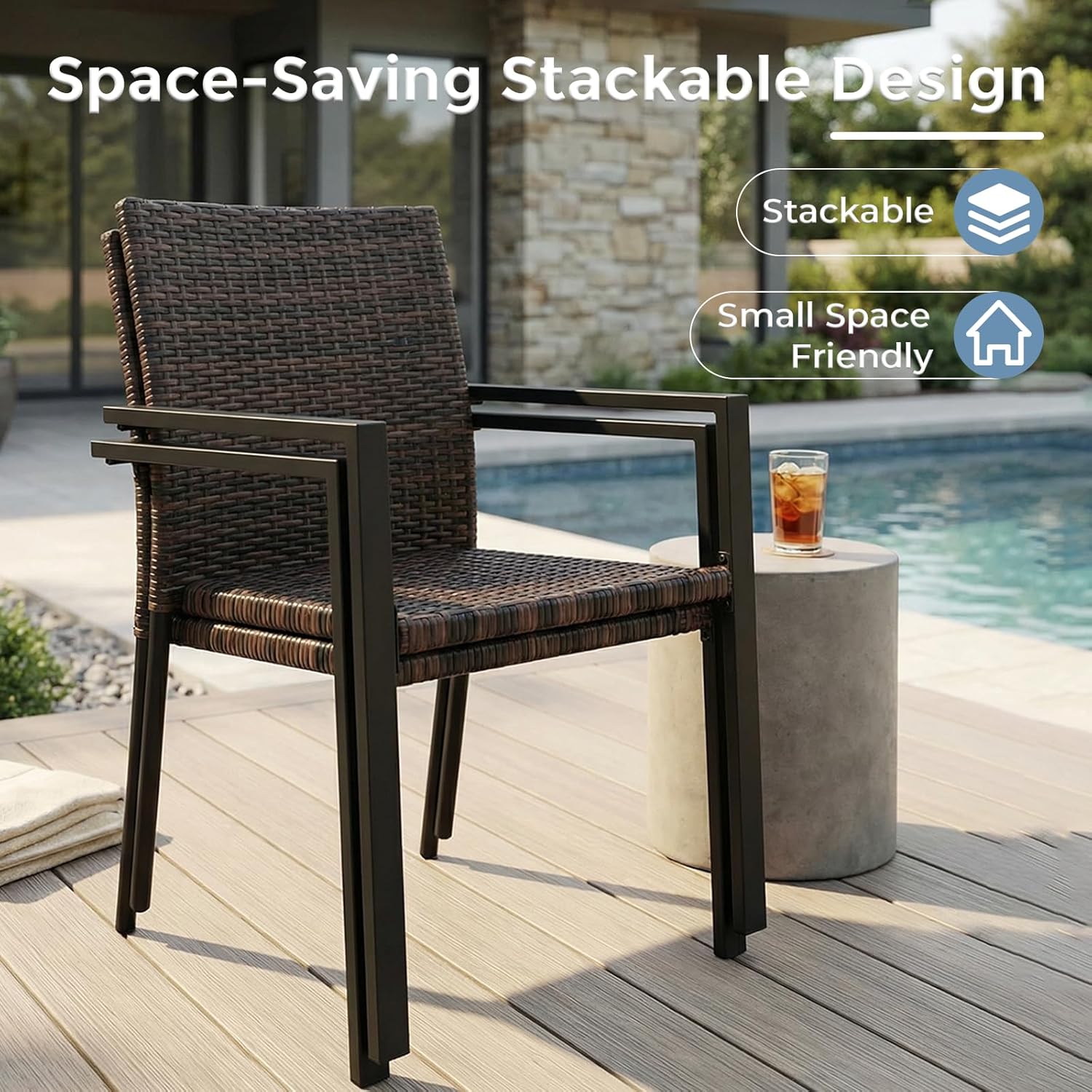 SWITTE Stackable Patio Chairs Set of 2, Outdoor Wicker Dining Chairs with Armrests & Steel Frame, All-Weather Space-Saving for Balcony, Garden, Poolside or Fire Pit Area - Brown
