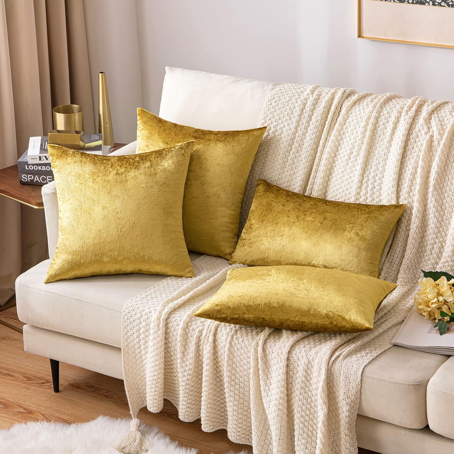 MIULEE Velvet Throw Pillow Covers 18x18 Inch, Pack of 2 - Golden, Super Soft Decorative Square Cushion Cases Modern Luxury Home Decor for Sofa, Couch, Bed, Chair