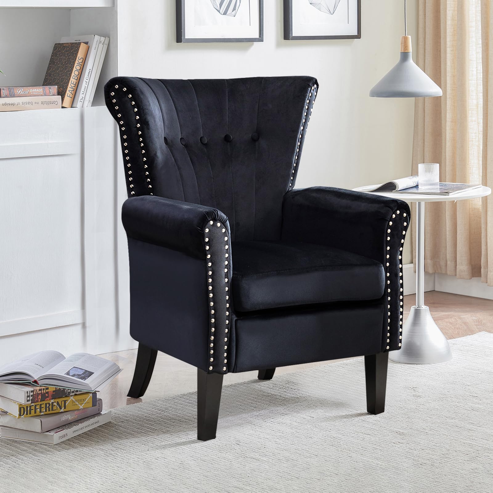 Velvet Accent Chair Upholstered Tufted Armchair,Modern Wingback Chair Single Sofa Club Chair with Solid Wood Legs,Nail Trimed,Comfy Reading Chair for Living Room,Bedroom,Office (White)