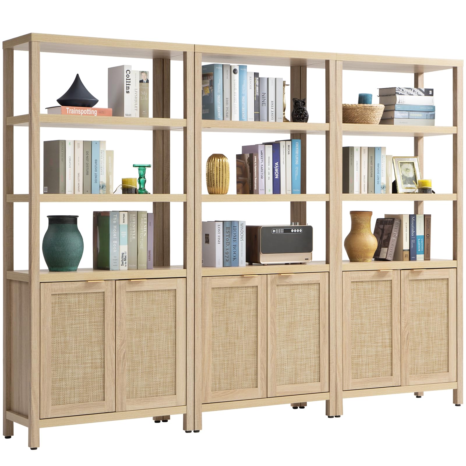 SICOTAS Bookshelf 5 Tier Book Shelf Rattan Boho 71" Tall Bookcase with Doors Storage Shelves Large Bookshelves Farmhouse Bookcases Library Book Case for Living Room Bedroom Home Office Kitchen | Book Shelf