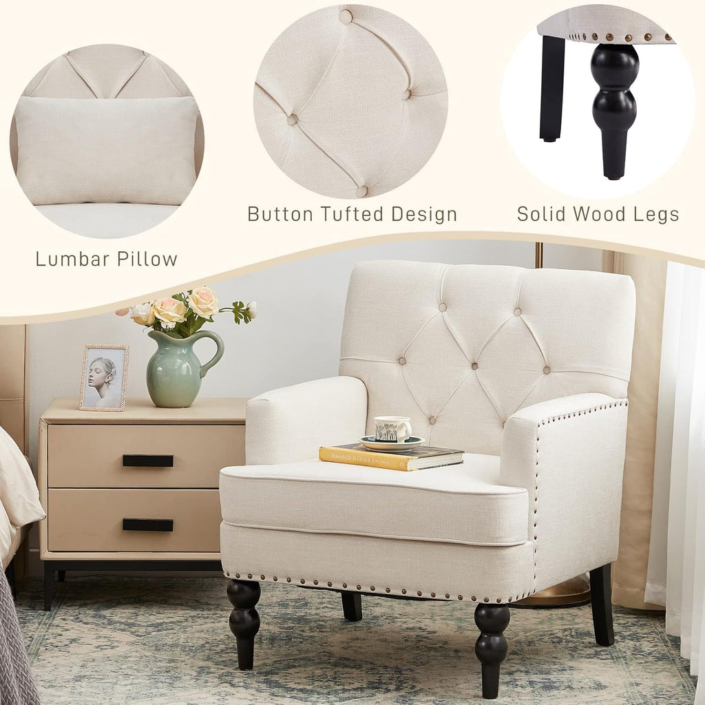 Mid-Century Linen Studded Armchair with Pillow, Beige