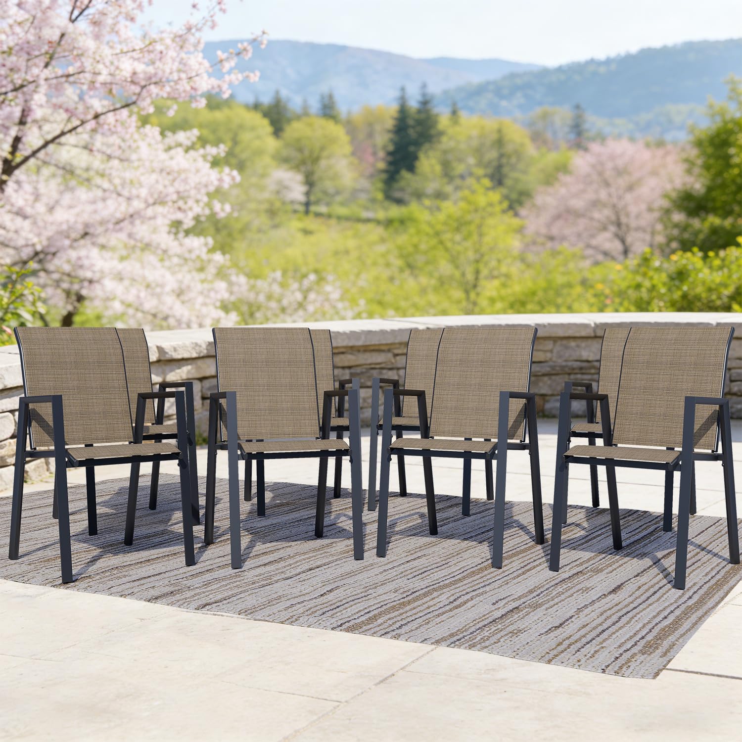 Outdoor Dining Chairs Set of 4, High-Back Stackable Patio Chairs with Metal Frame, Lightweight Sling Design, Ideal for Garden, Deck, Poolside, Grey