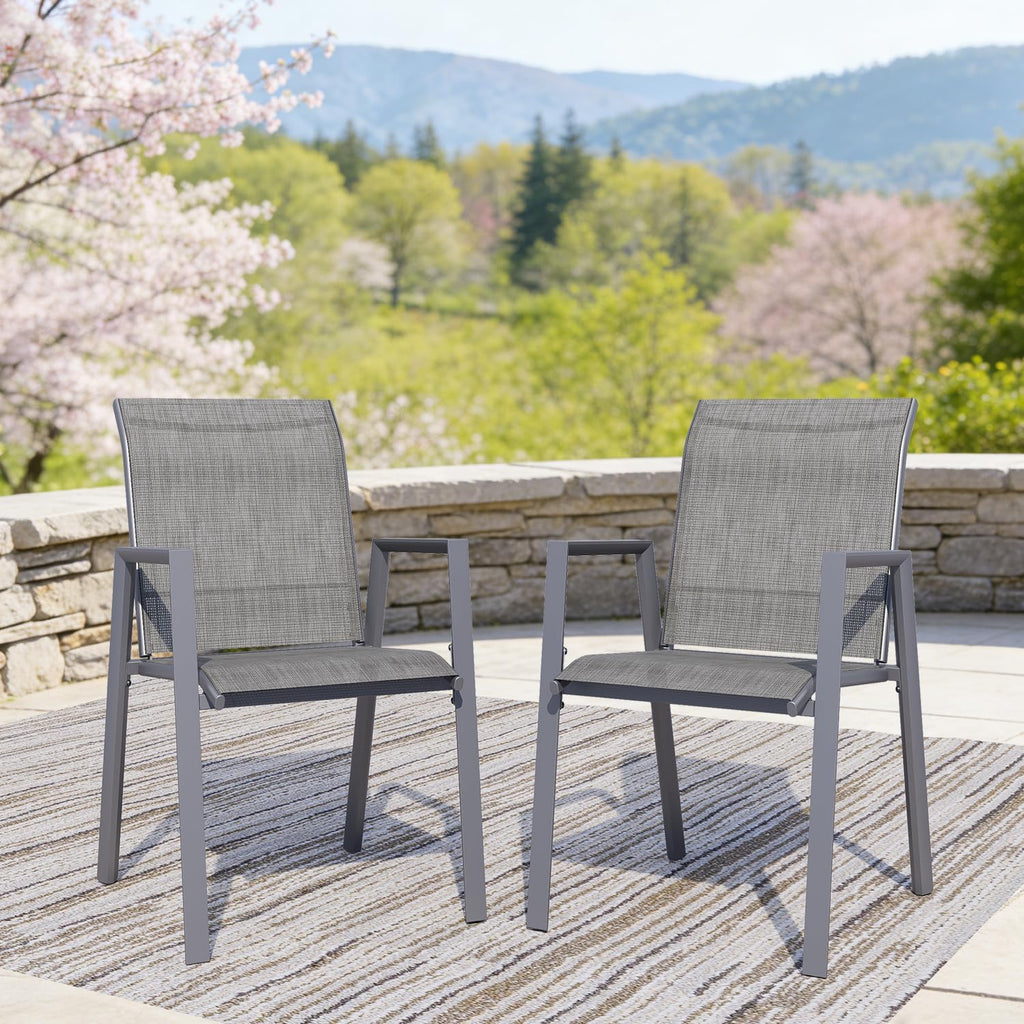 Outdoor Dining Chairs Set of 4, High-Back Stackable Patio Chairs with Metal Frame, Lightweight Sling Design, Ideal for Garden, Deck, Poolside, Grey