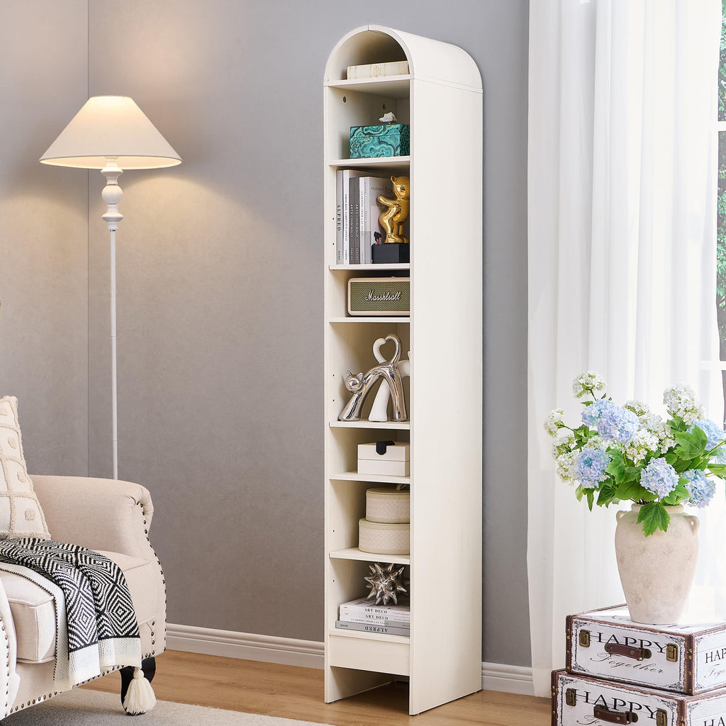 71" 7-Tier Arched Wood Bookshelf Adjustable Shelves, Brown