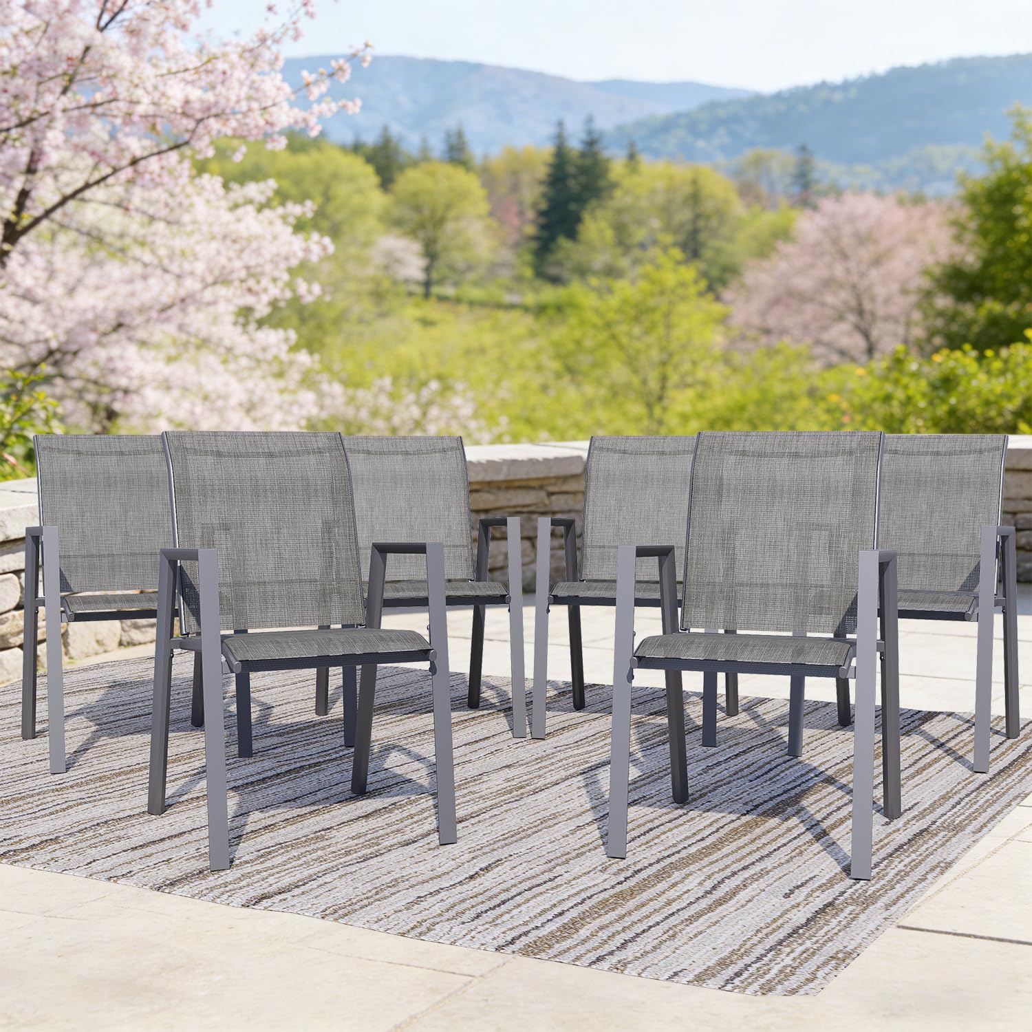 Outdoor Dining Chairs Set of 4, High-Back Stackable Patio Chairs with Metal Frame, Lightweight Sling Design, Ideal for Garden, Deck, Poolside, Grey