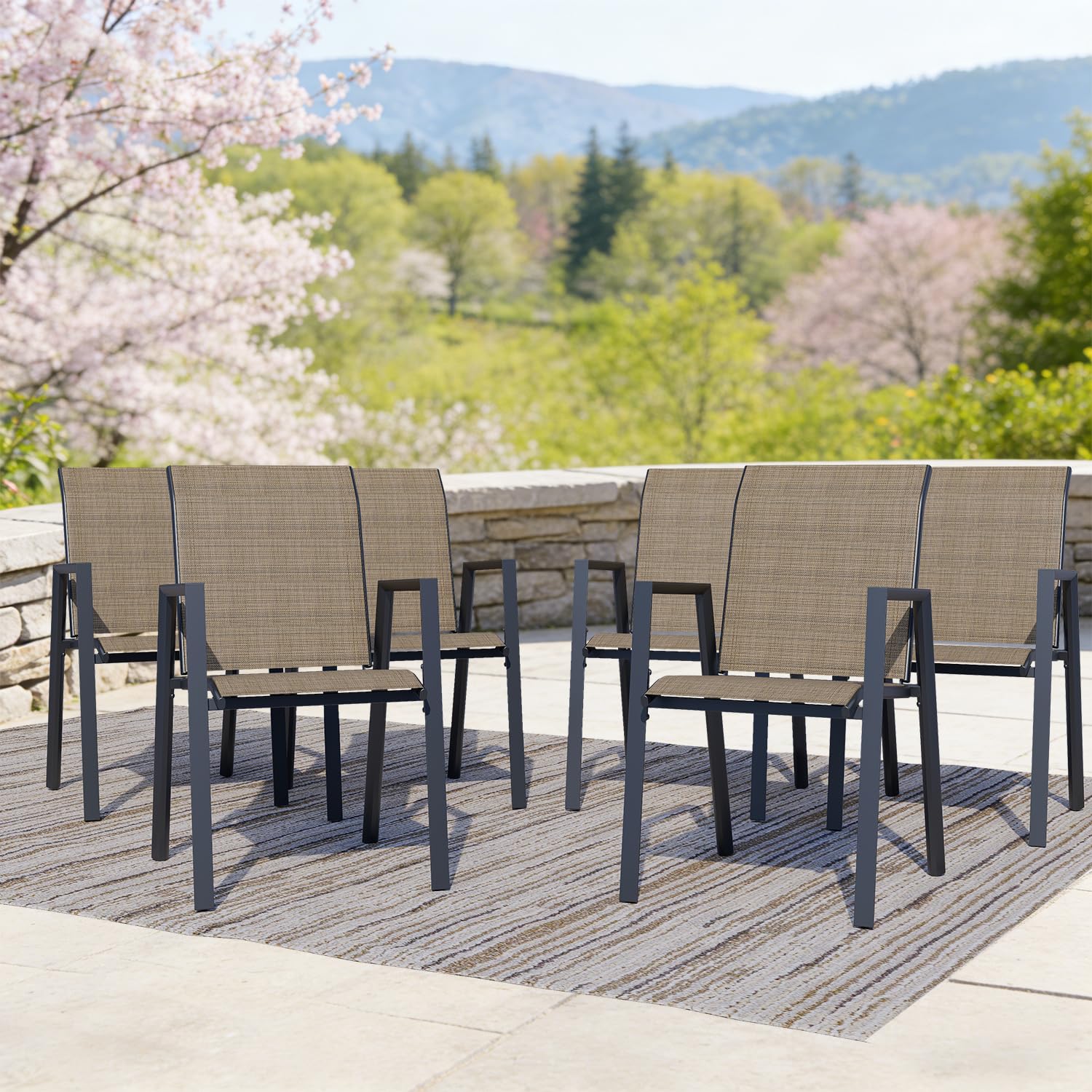 Outdoor Dining Chairs Set of 4, High-Back Stackable Patio Chairs with Metal Frame, Lightweight Sling Design, Ideal for Garden, Deck, Poolside, Grey