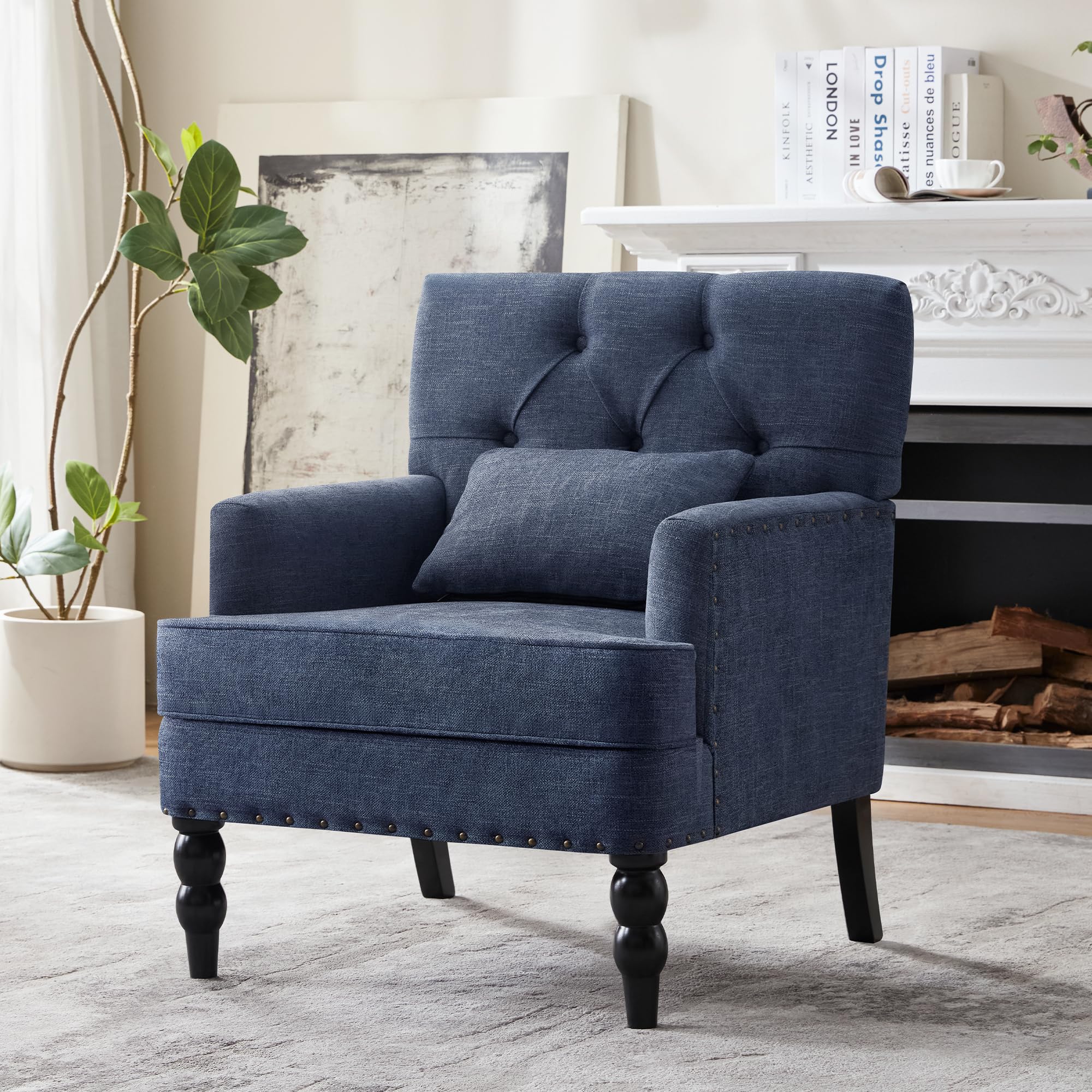 Mid-Century Linen Studded Armchair with Pillow, Beige