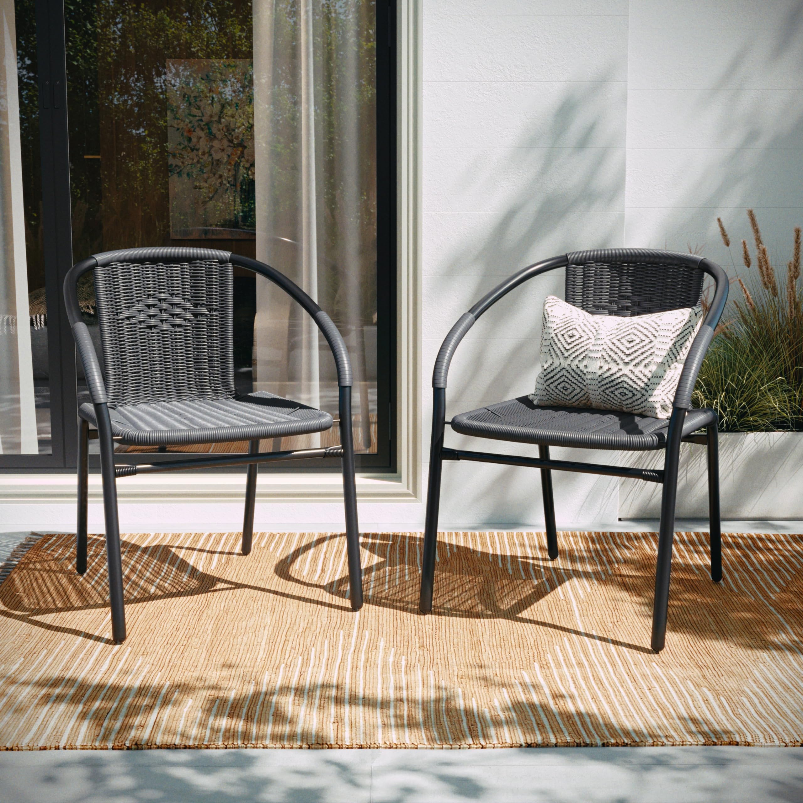 Set of 2 Brown PE Rattan Stackable Indoor Outdoor Chairs