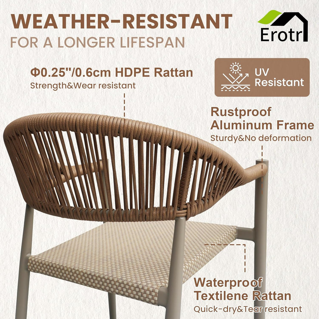 4 Pcs Stackable Patio Dining Chairs, Aluminum Rattan Outdoor Dining Chair with Arms, Woven Rope Garden Armchair Metal No Assembly for Bistro Balcony Porch Deck Yard Cafe Restaurant, Light Brown