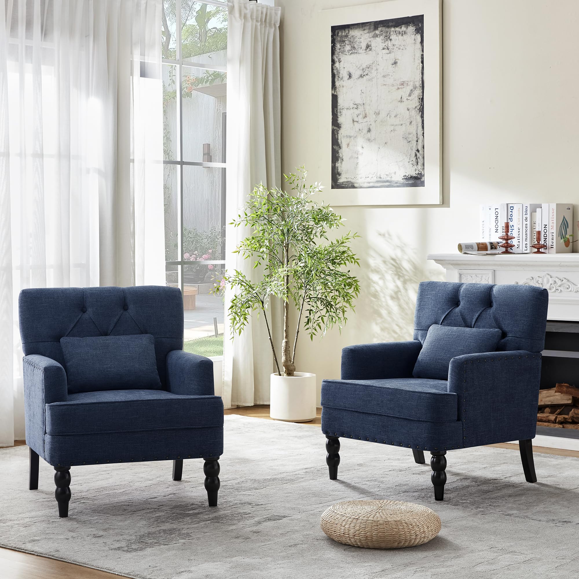 Mid-Century Linen Studded Armchair with Pillow, Beige
