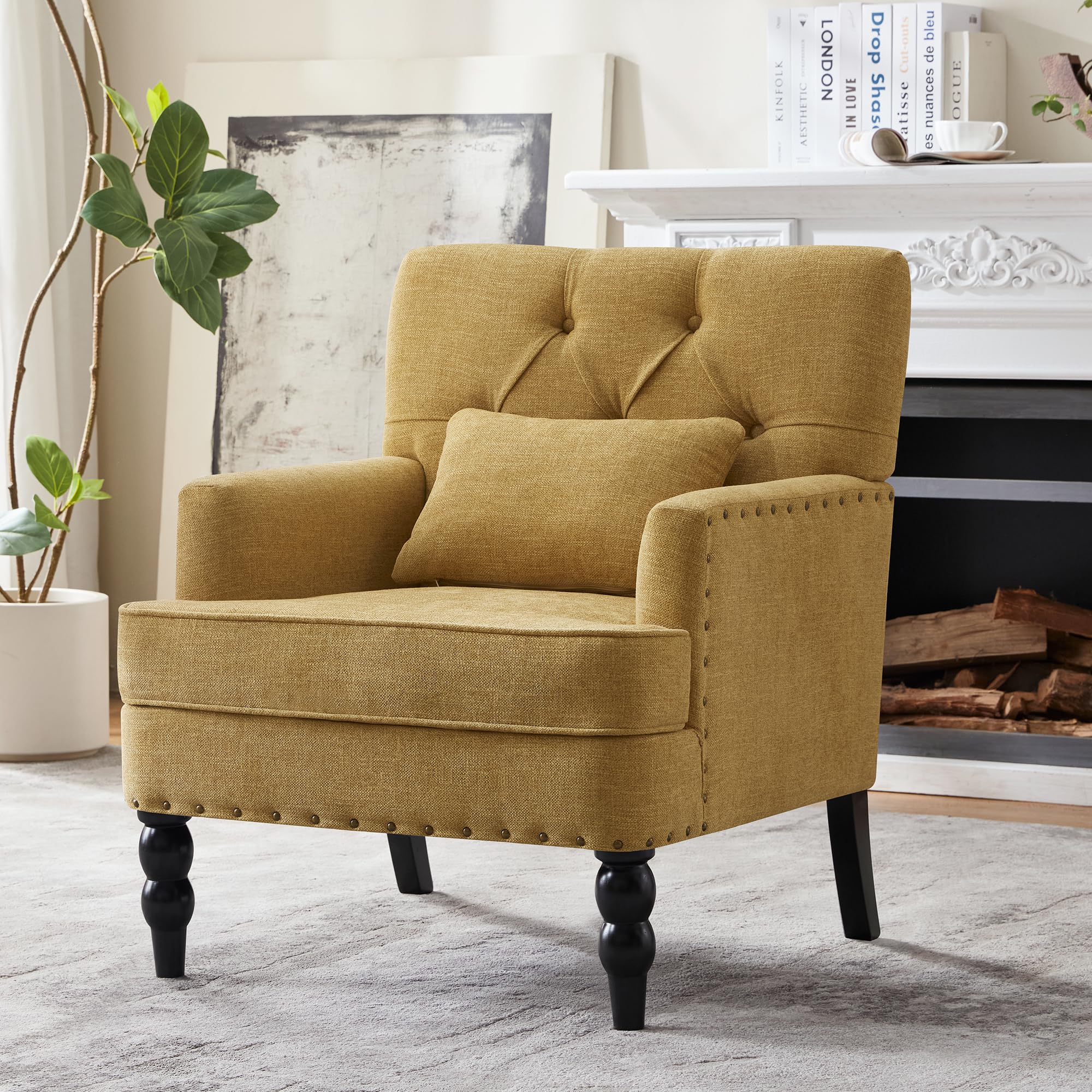 HUIMO Tufted Club Chair,Accent Chair with Lumbar Pillow, Upholstered Button Armchair, Linen Fabric Sofa Chairs for Bedroom, Living Room, Mid Century Modern with Studded Reading Chair Light Blue
