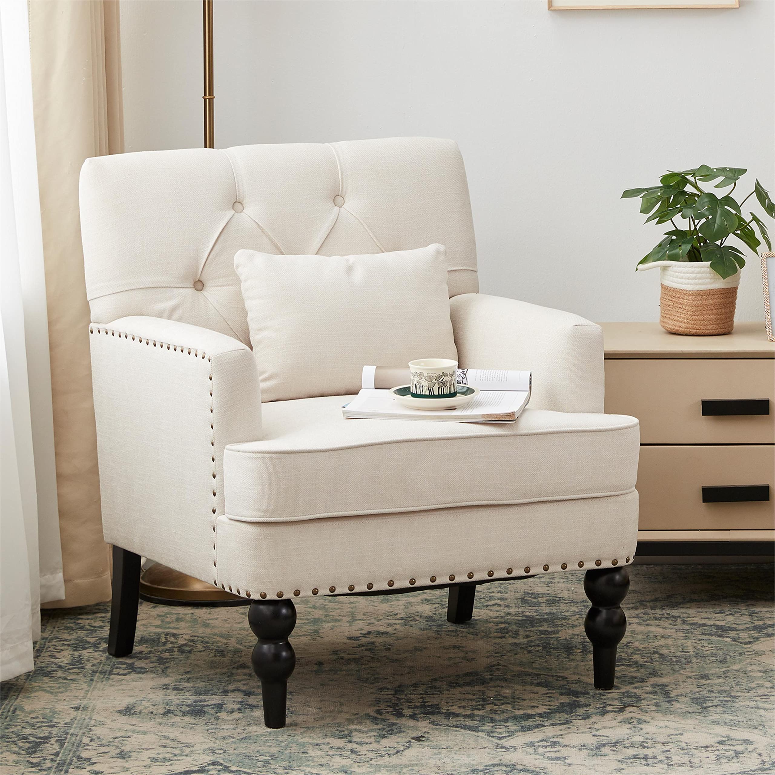 Mid-Century Linen Studded Armchair with Pillow, Beige