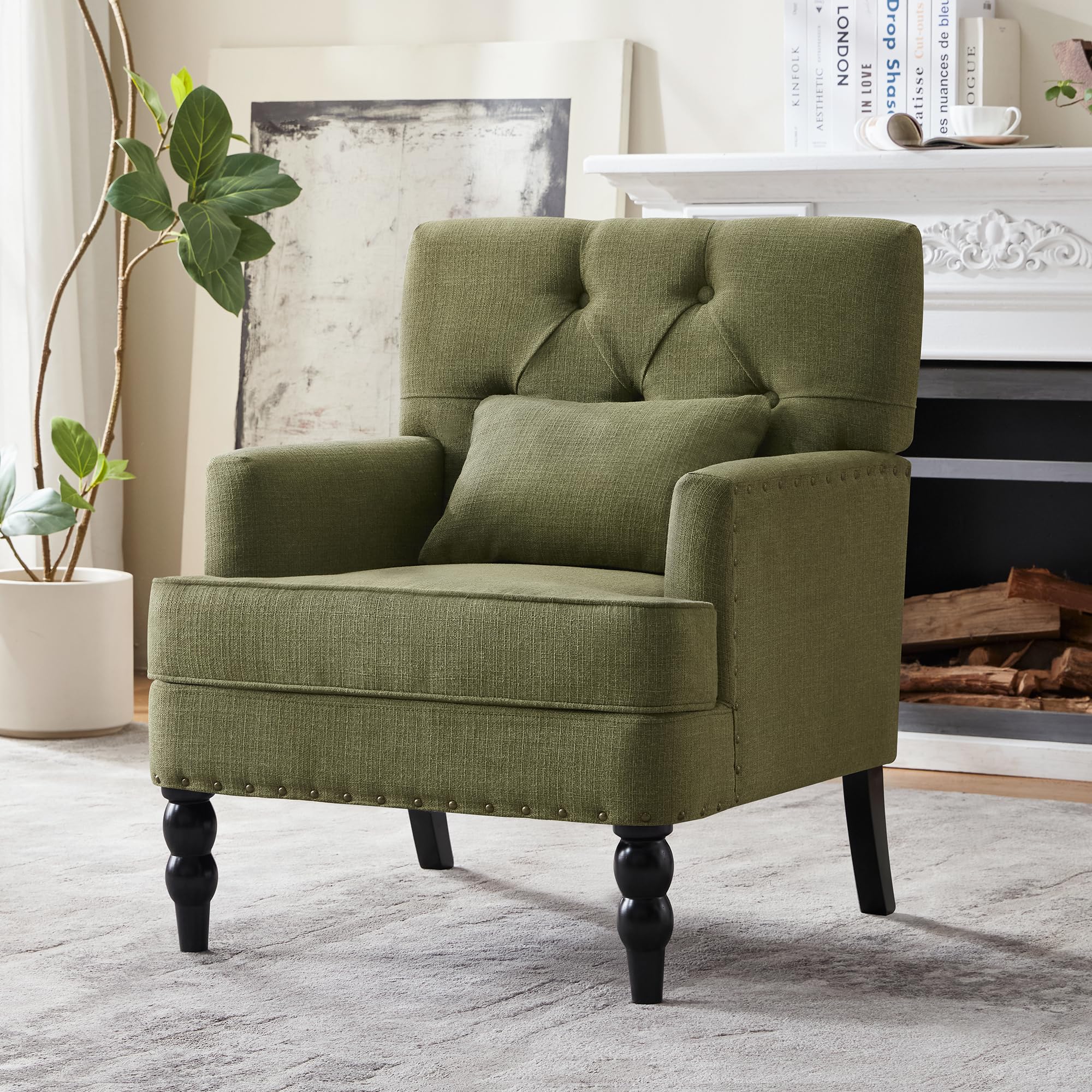 Mid-Century Linen Studded Armchair with Pillow, Beige