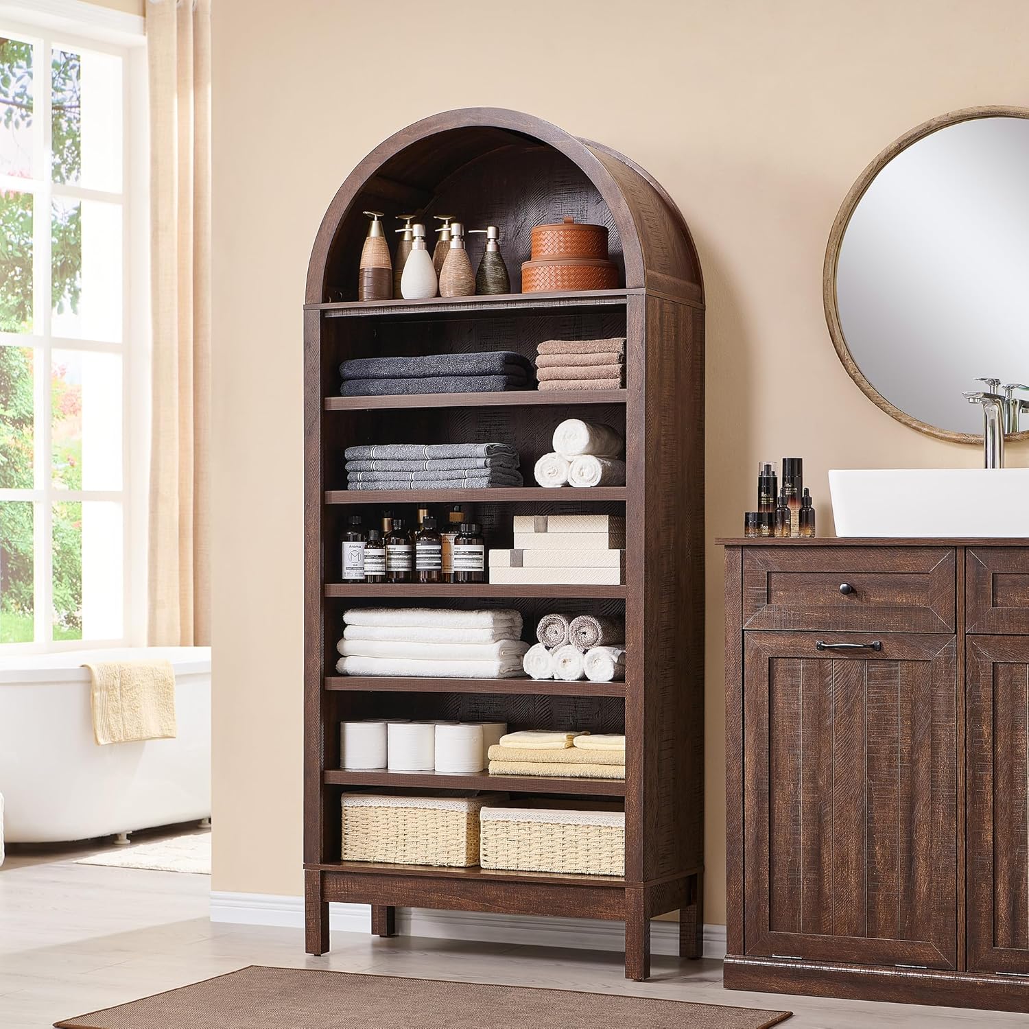 71" 7-Tier Arched Wood Bookshelf Adjustable Shelves, Brown