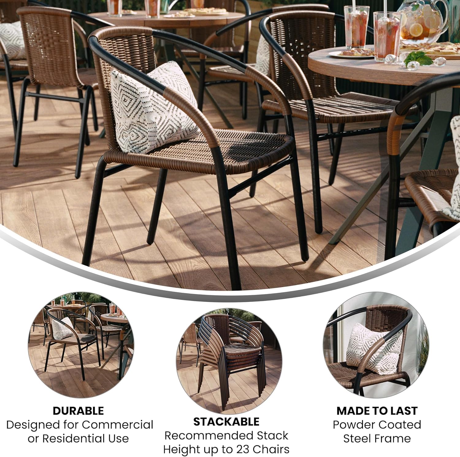 Set of 2 Brown PE Rattan Stackable Indoor Outdoor Chairs