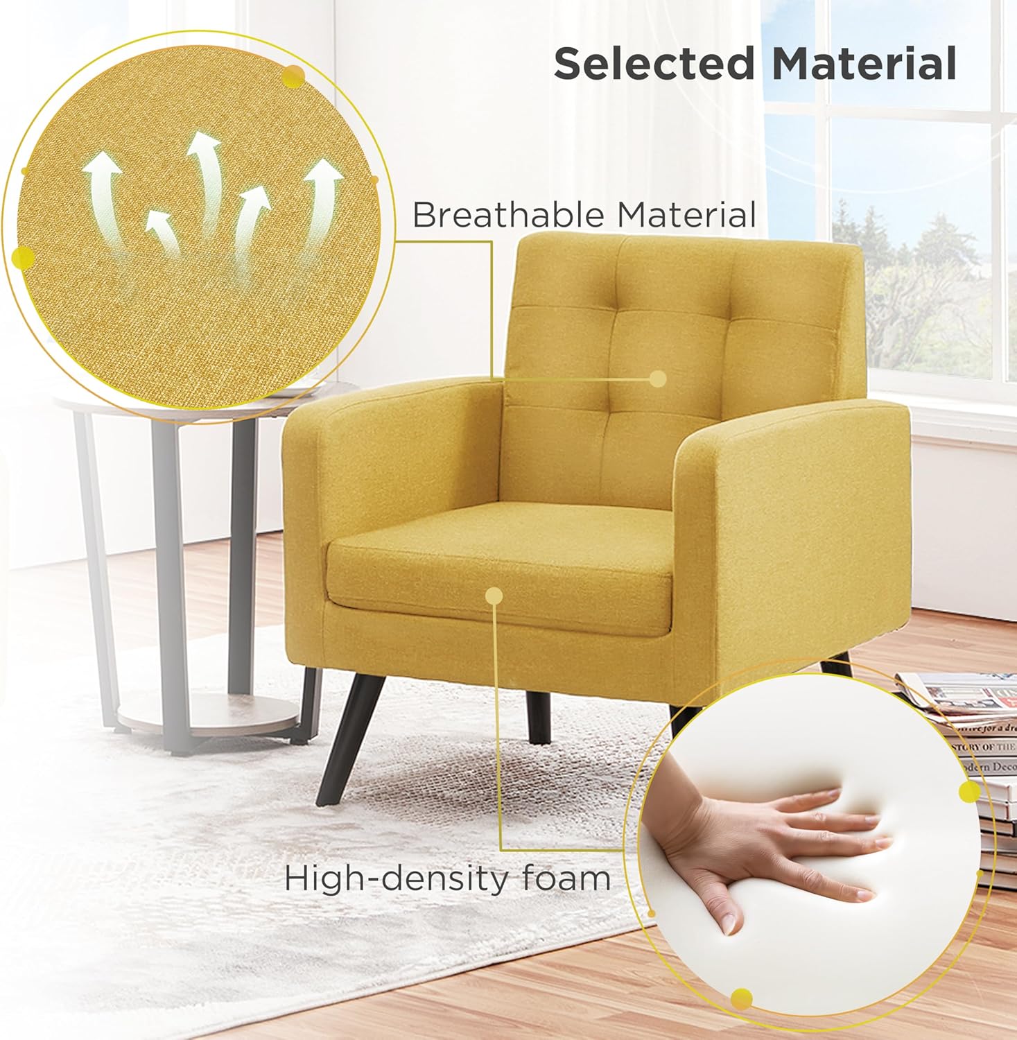 Yaheetech Mid-Century Accent Chairs, Modern Upholstered Living Room Chair, Cozy Armchair Button Tufted Back and Wood Legs for Bedroom/Office/Cafe, Yellow