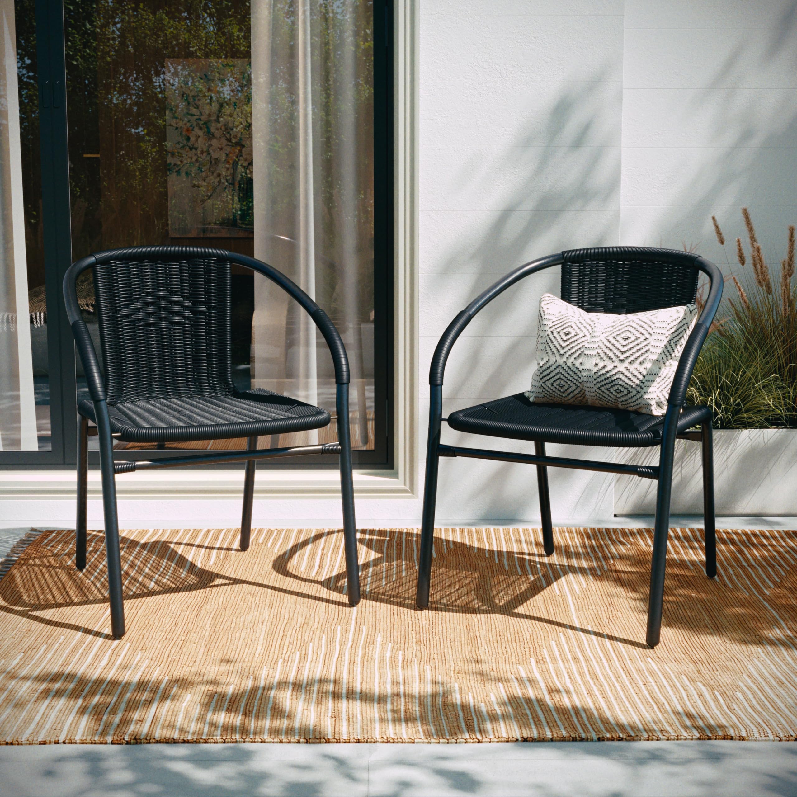 Set of 2 Brown PE Rattan Stackable Indoor Outdoor Chairs