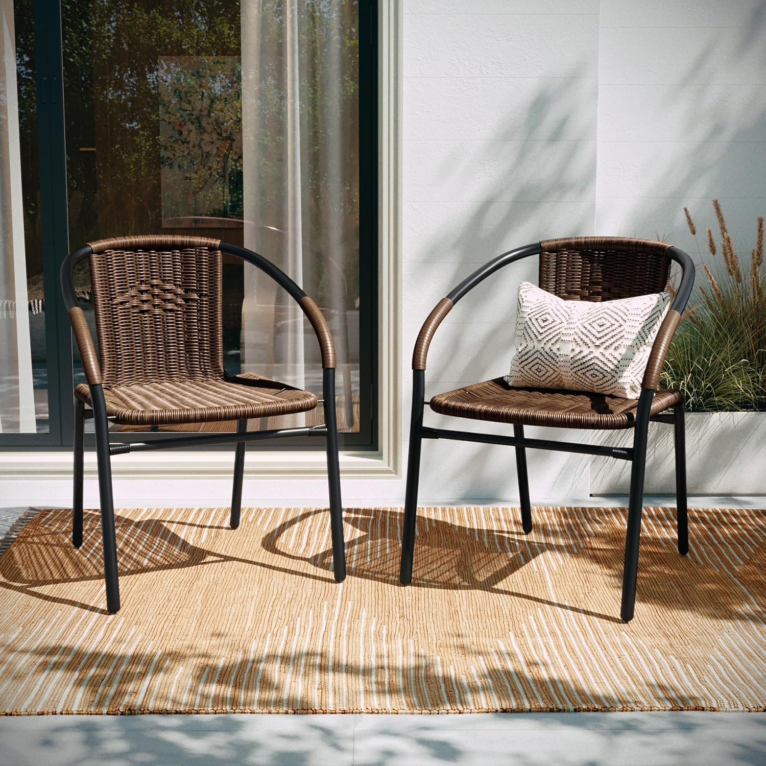 Set of 2 Brown PE Rattan Stackable Indoor Outdoor Chairs