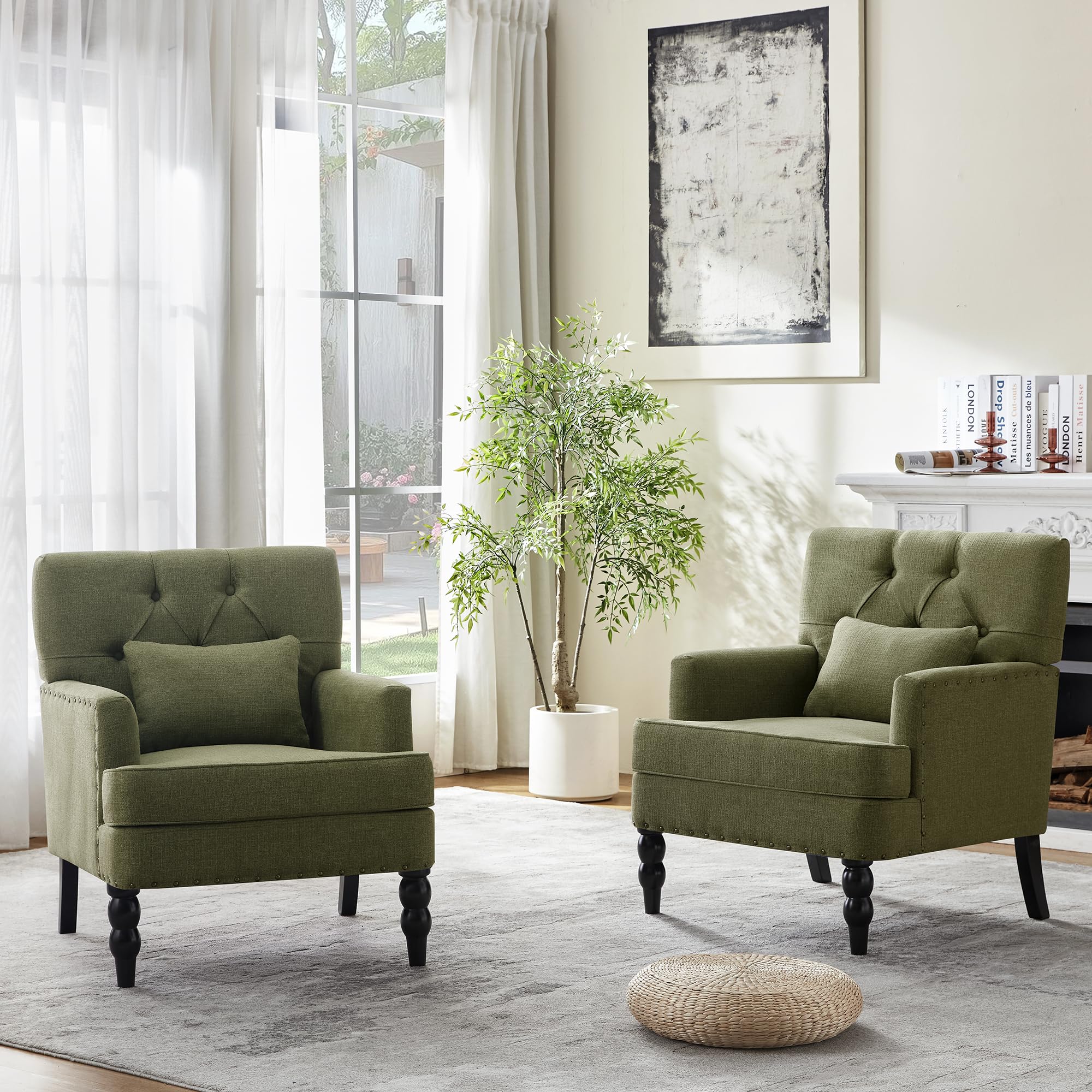Mid-Century Linen Studded Armchair with Pillow, Beige