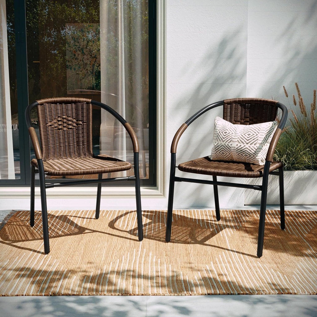 Set of 2 Brown PE Rattan Stackable Indoor Outdoor Chairs