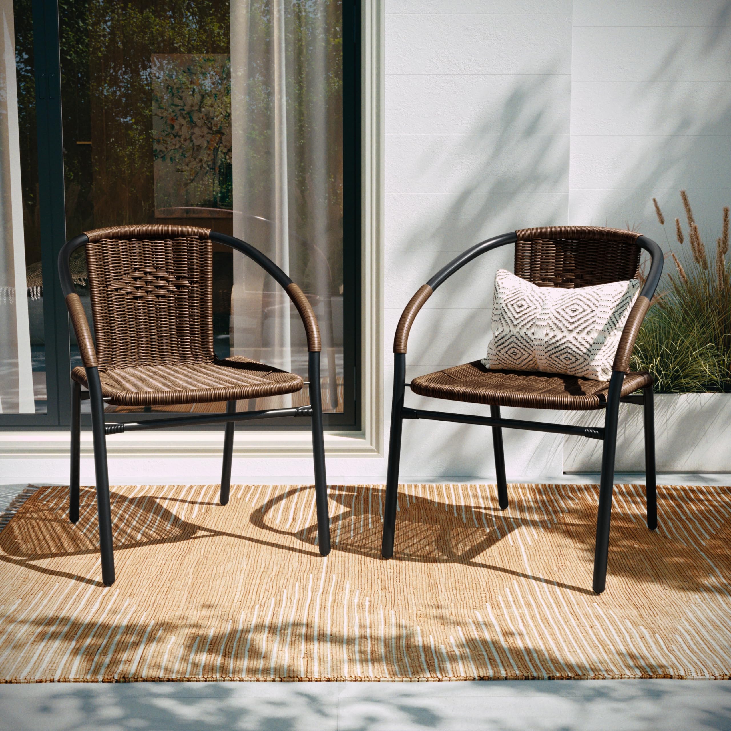 Set of 2 Brown PE Rattan Stackable Indoor Outdoor Chairs