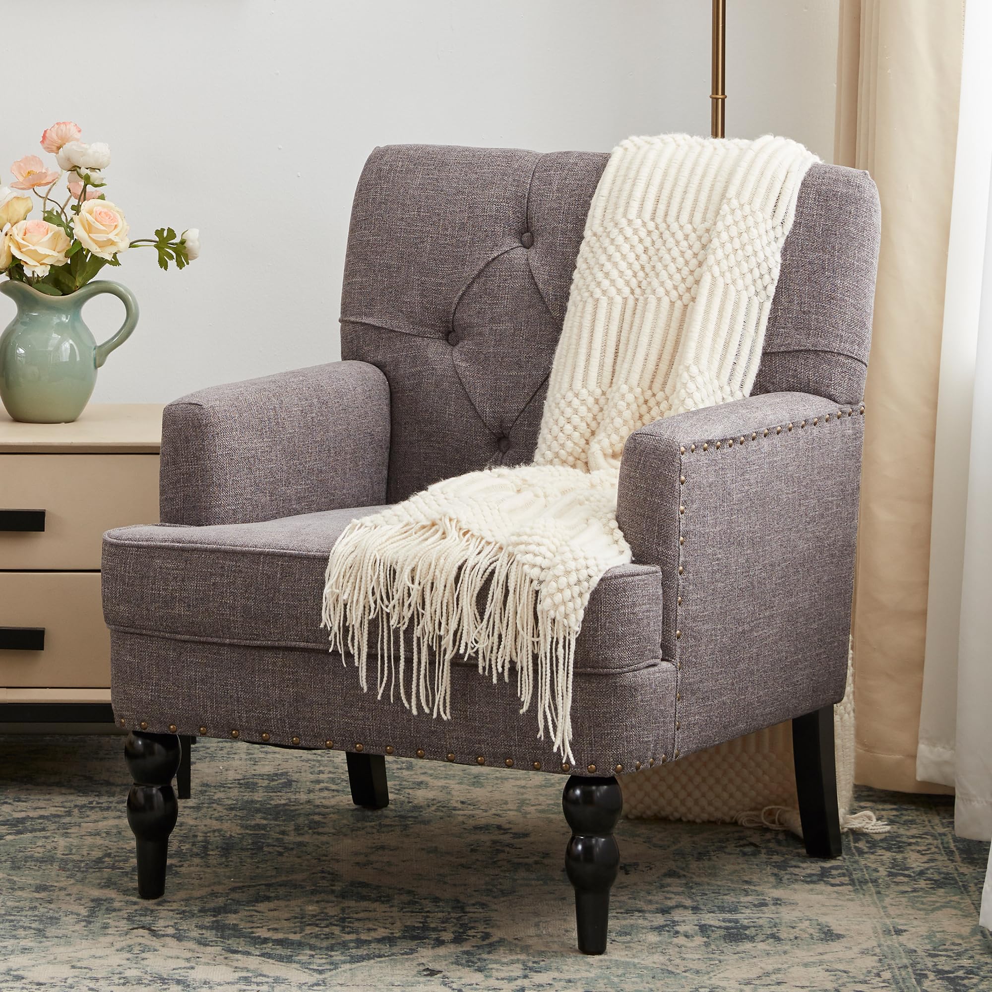 Mid-Century Linen Studded Armchair with Pillow, Beige