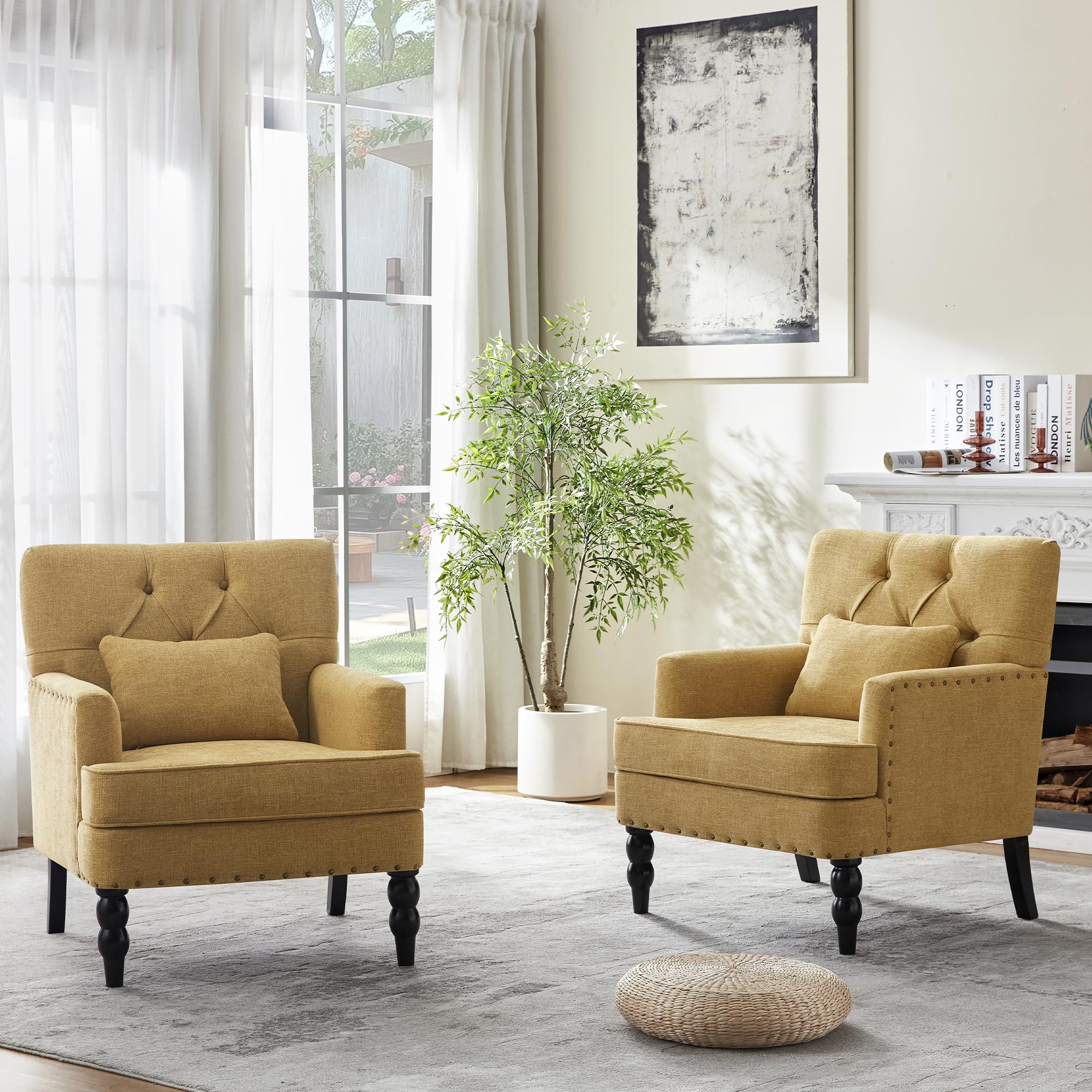 Mid-Century Linen Studded Armchair with Pillow, Beige