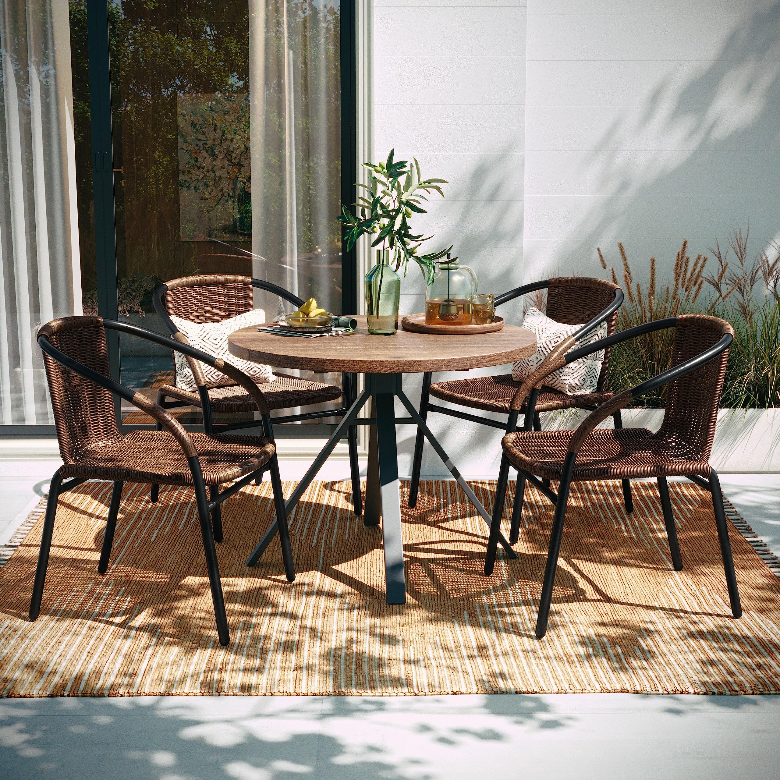 Set of 2 Brown PE Rattan Stackable Indoor Outdoor Chairs